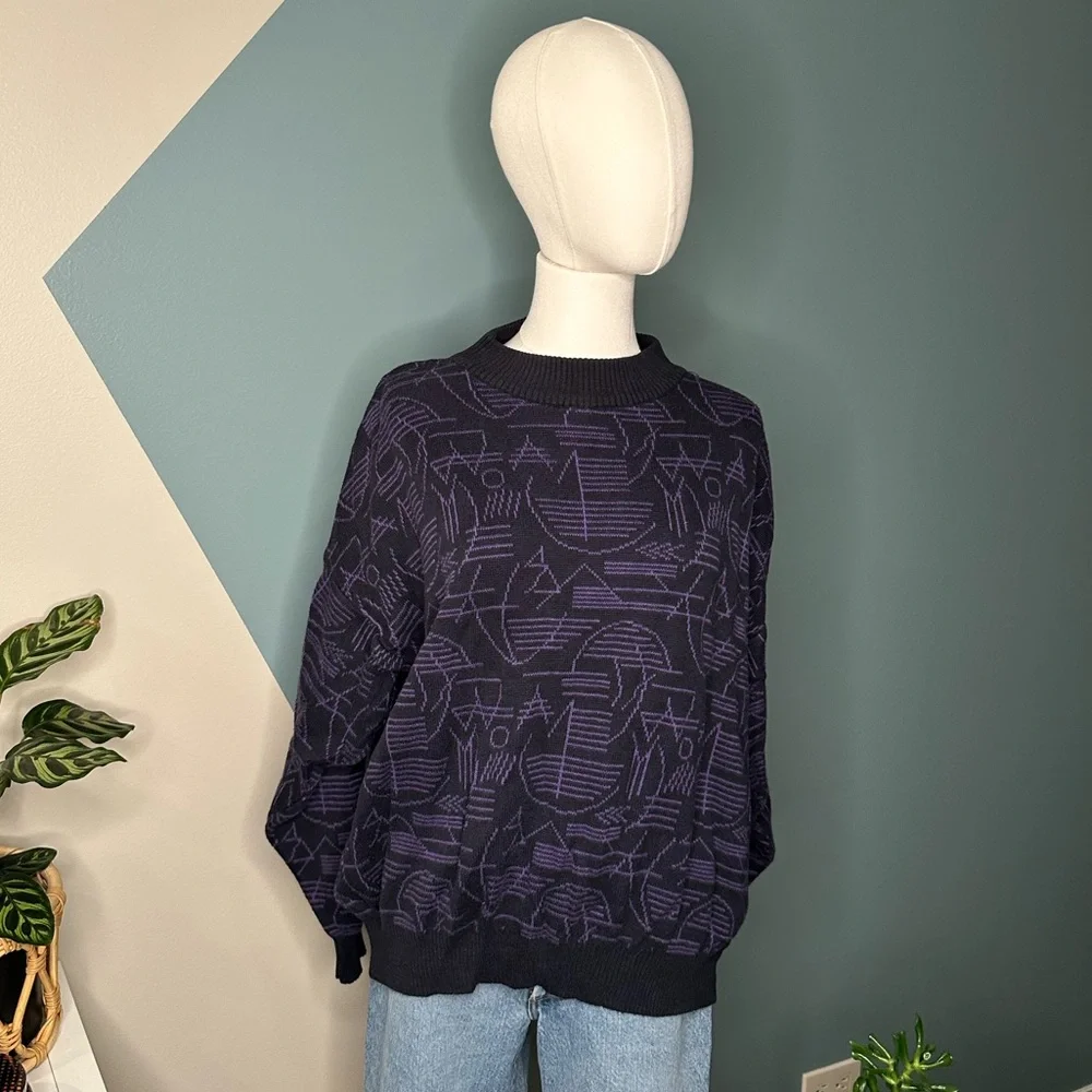 Vintage Mondo di Marco Geometric Sweater Purple Black Bold Knit L/52 Italy - Picture 2 of 9